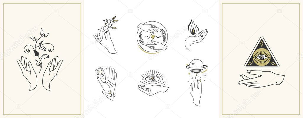 Hands set in simple flat esoteric boho style. Feminine hand logo collection with different symbol like space star planet, floral herb, moon and sun, heart love, eye, fire, drop. Vector illustration.