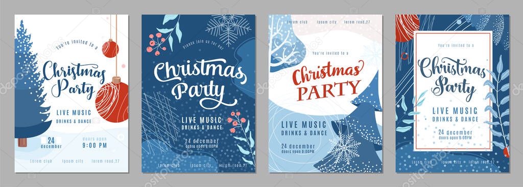 Christmas party invitation poster background in trendy flat style. Season holiday card set with snow, fir tree, snowflakes, christmas bauble and other graphic design elements. Winter decoration layout