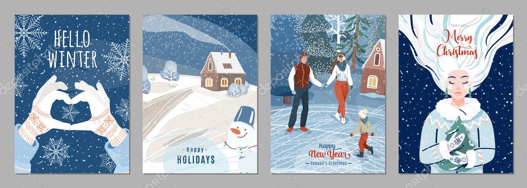 Winter poster background. Season holiday greetings set with people, snow, fir tree, house, snowflakes, snowman and other graphic design elements. Creative flat christmas and new year celebration card.