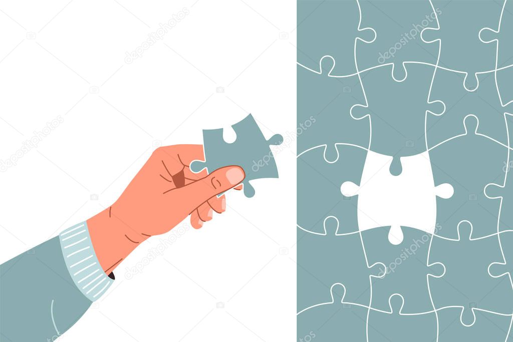 Strategy solution concept vector background. Man hand holding last piece puzzle of big jigsaw. Final solve. Business problem decision in cartoon flat style. Top view.