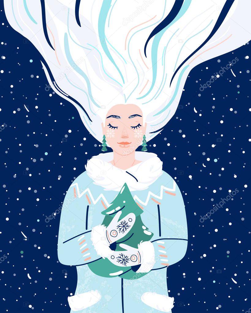 Woman like winter season. Beauty wintertime flat female character hold in her hands fir-tree. Seasonal nature symbol of snowflakes, snow, gloves, spruce, coat design illustration.