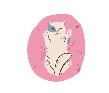 Çok şirin beyaz benekli küçük gri kedi yavrusu pembe bir yastığın üzerinde uyuyor. Kedi dilini çıkardı. Basit düz çizgi film tarzında vektör illüstrasyonu. Beyaz arkaplanda izole