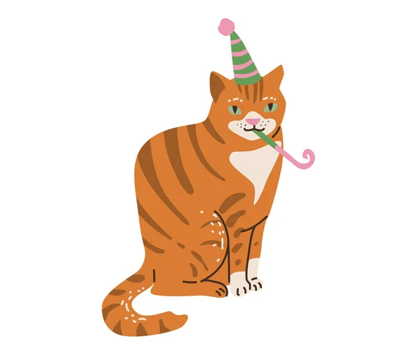 Outcrired y gato blanco celebran feliz cumpleaños. Ilustración vectorial en estilo plano de dibujos animados simples. Aislado sobre fondo blanco — Vector de stock