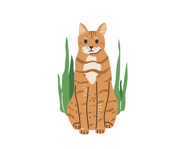 Gato divertido tabby de color rojo con ojos azules sentados rodeados de plantas verdes. Ilustración vectorial en estilo plano de dibujos animados simples. Aislado sobre fondo blanco — Vector de stock