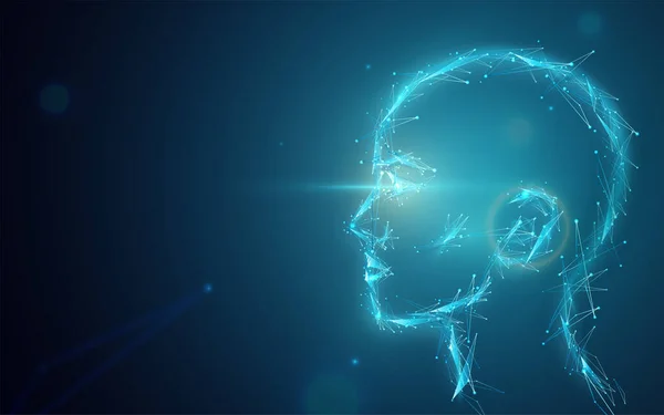 Φόντο διανύσματος Ai. Αφηρημένο τεχνητό ανθρώπινο κεφάλι με μάτια ελαφριά. Ψηφιακή μελλοντική απεικόνιση όρασης με κενό χώρο στην αριστερή πλευρά — Διανυσματικό Αρχείο