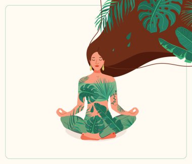 Zihin sağlığı vektör illüstrasyonu. Yoga nilüferinde oturan genç kadın yapraklı giysiler giyiyor. Tropikal bitkilerle çok uzun saçlar. Olumlu düşün yaratıcı kavram