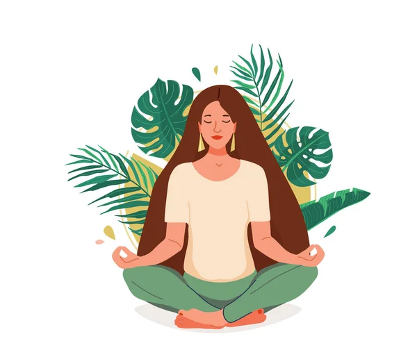 Векторная иллюстрация психического здоровья. Молодая женщина, сидящая в позе лотоса йоги, окружена тропическими листьями и солнцем. Позитивное мышление творческая концепция — стоковый вектор