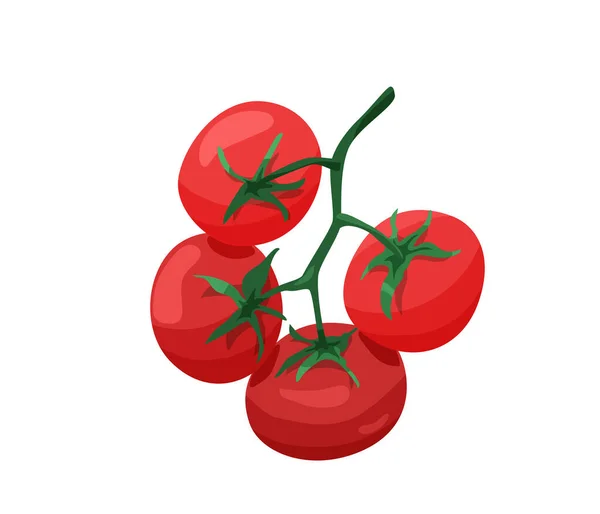 Rama de tomates rojos en caricatura de color brillante estilo plano aislado sobre fondo blanco. Ilustración saludable del vector alimenticio. Concepto de comida ecológica — Archivo Imágenes Vectoriales