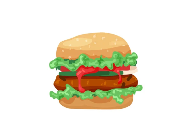 Delicioso hambúrguer clássico americano hambúrguer com alface, cebola, tomate, carne bovina e molho isolado em fundo branco. Eu escolho doce vida positiva, conceito de design — Vetor de Stock