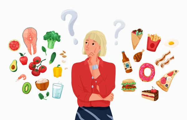 Choice between healthy and unhealthy food concept vector background. Happy young blond woman thinking about choosing menu. Difficult choosing. Flat illustration in cartoon style — Stock Vector