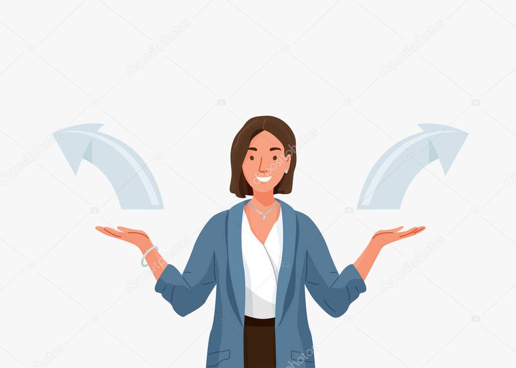 Choice vector background. Happy young business woman comparing variants, choosing between something in both flat hands gesture. Arrows indicate direction selection. Flat illustration in cartoon style