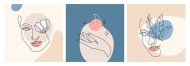 Çizgi kadın vektör arkaplanı sürekli doğrusal sanatta ayarlandı. Kadın yüzlü moda şablonları, çiçek, el, ay, yıldız, renk dokusu elementleri modern basit taslak tarzında. Güzel kız çizimleri