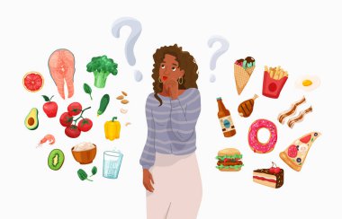 Menüyü seçmeyi düşünen mutlu siyah Afrikalı Amerikalı kadın. Sağlıklı ve sağlıksız gıda konsepti vektör geçmişi arasında seçim yapmak. Zor bir seçim. Çizgi film tarzında düz illüstrasyon