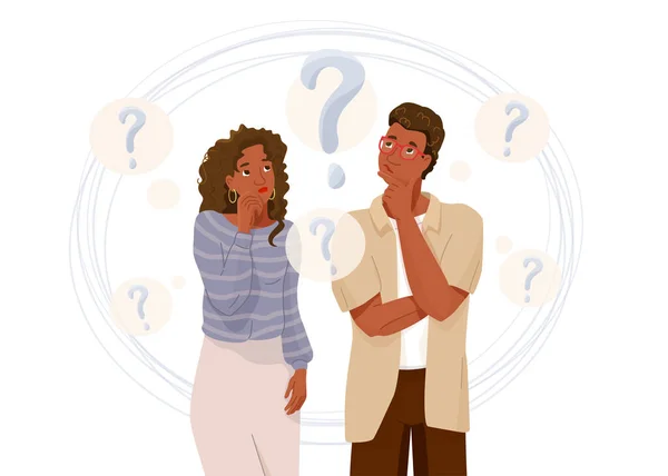 Jovem casal afro-americano pensa em problemas. Símbolo da pergunta. Mulher perturbada e homem a pensar juntos. Ilustração vetorial em estilo simples de desenho plano isolado em fundo branco —  Vetores de Stock