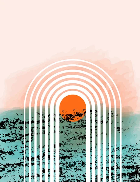 Fondo vectorial contemporáneo abstracto con arco iris, sol, rayos. Mar atardecer paisaje después de la lluvia en estilo plano simple moderno con efecto de textura. Diseño de decoración de pared Boho — Vector de stock