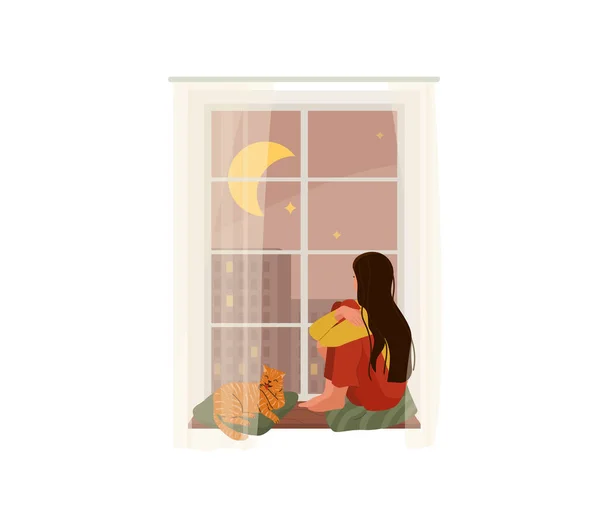 Chica romántica joven con el pelo largo mirando a través de la ventana mientras está sentado en el alféizar en casa con al lado de un gato jengibre tabby que lame su pata. Ilustración vectorial del pensamiento, concepto de diseño de ensueño — Vector de stock