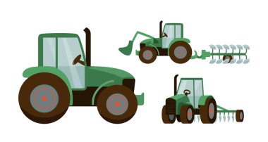 Green tractor set vector illustration. Agrimotor with bucket and plow. Isolated on white background clipart