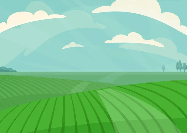 Ilustración de vectores de paisaje. Campo de pradera verde, colina, plantas y cielo azul con nubes. Naturaleza primavera, paisaje de granja de verano. Campo para la producción ecológica fondo — Vector de stock