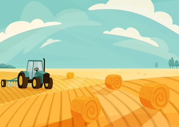 Векторная иллюстрация поля пшеницы после сенокоса с трактором. Природные пейзажи с золотисто-желтыми рулонами стога сена. Светлый летний вид на сельскую местность — стоковый вектор