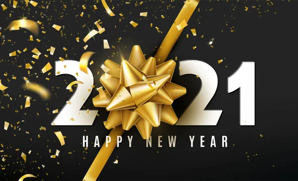 2021 Feliz Año Nuevo vector de fondo con arco de regalo de oro, confeti, números blancos sobre fondo negro. La Navidad celebra el diseño. Plantilla de concepto de prima festiva para vacaciones — Vector de stock