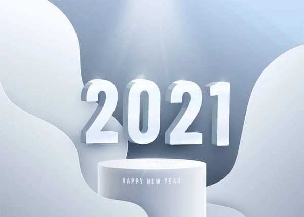 Feliz año nuevo 2021. Grandes números de hielo 3d en el podio circular en el que la luz cae desde arriba. Fondo vectorial en estilo realista con formas de onda líquida — Archivo Imágenes Vectoriales