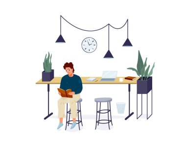 Adam kitap vektör arkaplanı okuyor. Erkek karakter gözlüklü rahat bir şekilde sandalyeye oturuyor ve edebiyat okuyor. Sıcak, modern iç mekan. Okuyucunun tasarımı