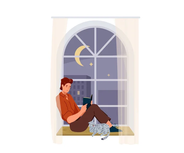 Hombre leyendo libro vector fondo. Hombre de carácter cómodo sentado en un alféizar de ventana con gato mascota y leer literatura. Interior moderno y acogedor. Diseño conceptual del lector — Archivo Imágenes Vectoriales