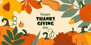 Sonbahar yaprakları ve balkabaklarıyla Şükran Günü vektör geçmişi. Amerikan bayramında renkli afişler, dokulu efektler, merkezde fotokopi alanı. Modern daire minnet tanıtımı, satış tasarımı.