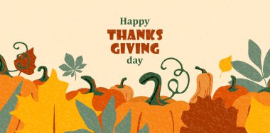 Sonbahar yaprakları ve balkabaklarıyla Şükran Günü vektör geçmişi. Amerikan bayramı renkli afişi dokuma efektli. Modern daire sıcak minnet tasarımı promosyon, satış, indirim grafiği.