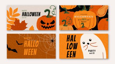 Cadılar Bayramı vektör arka planı. Balkabağı, hayalet, yarasa, örümcek ağı, sonbahar yaprakları ve tipografi tasarımı ile modern moda illüstrasyon. Satılık şirin afişler, sosyal medya şablonları.