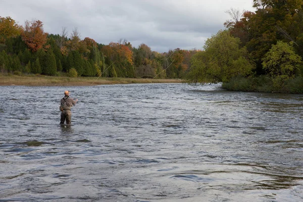 Hombre Lanza Vara Mosca Río Durante Otoño —  Fotos de Stock