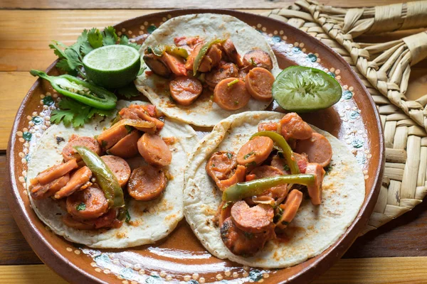 Tacos Tradicionales Guiso Salchicha Mexicana — Foto de Stock