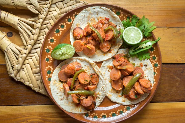 Tacos Tradicionales Guiso Salchicha Mexicana — Foto de Stock