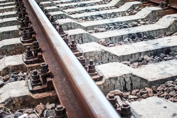 Close View Old Railroad Tracks Worn Ties Gravel Ballast Summertime Stock Photo
