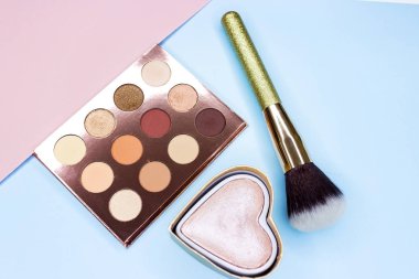 Pembe ve su rengi arka planda makyaj fırçaları. Üst bakış açısı, düz yatış.