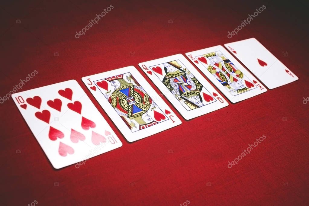 Poker Hands Royal Flush 3. Five playing cards - the poker royal flush hand. Royal Flash, card deck, poker royal flash on cards and poker chips on green casino table. success in gambling. soft focus