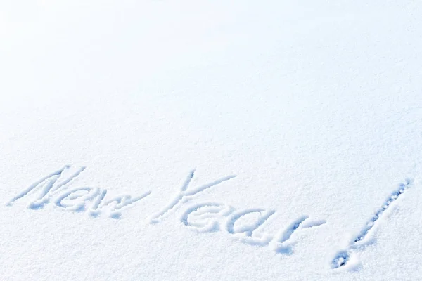 Houten Inscriptie Happy New Year Close Met Sneeuw Wenskaart — Stockfoto