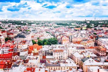 Dominik Katedrali, Varsayım Kilisesi ve Lviv tarihi merkezinin güzel manzarası,