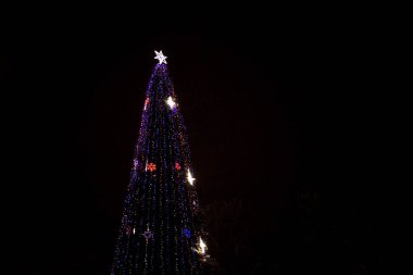 Işıklı Noel ağacı kopya alanı ile gece karda