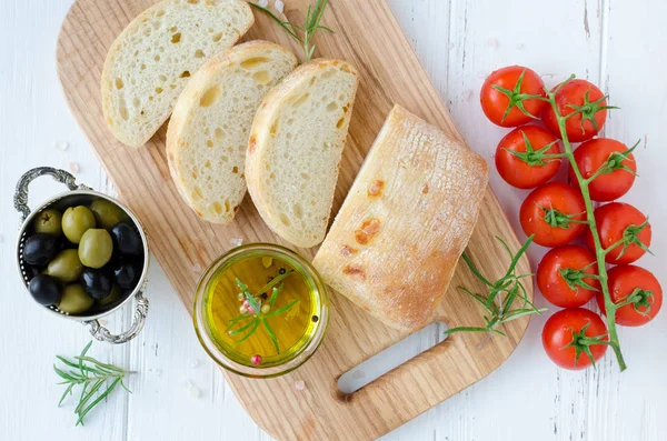 Sliced Freshly Baked Ciabatta Bread Wooden Cutting Board White Rustic — Stock Photo, Image