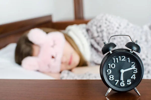 Young Woman Girl Cute Sleep Mask Warm Pajamas Sleep Alarm — Stock Photo, Image