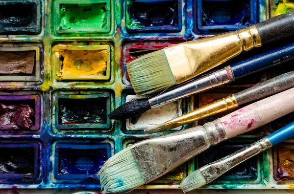 Pinceles Pintores Acuarela Paintbox Instrumentos Materiales Herramientas Para Ocio Creativo —  Fotos de Stock