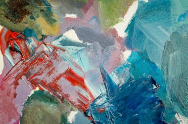 Doku, farklı renklerde karışık yağlı boya. Tuvale elle çizilmiş yağlı boya resim. Soyut arkaplan. Sanat eserinin bir parçası. Noktalar ve fırça darbeleri. Modern çağdaş sanat. Üst Manzara. Boşluğu kopyala.