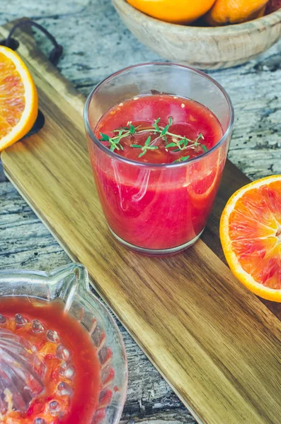 Glass Fresh Made Sicilian Blood Orange Juice Old Wooden Textured — Stock Photo, Image