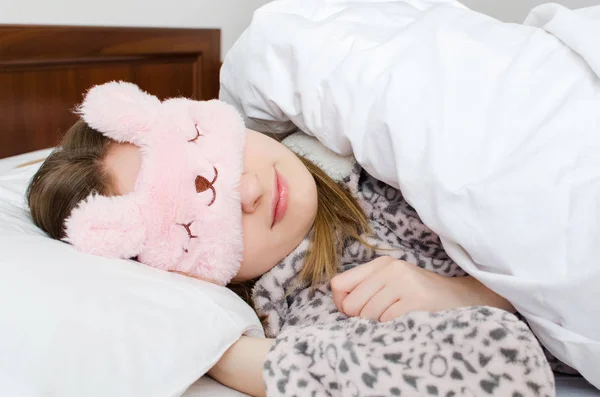 Beautiful Young Woman Cute Sleep Mask Warm Pajamas Lying Bed — Stock Photo, Image