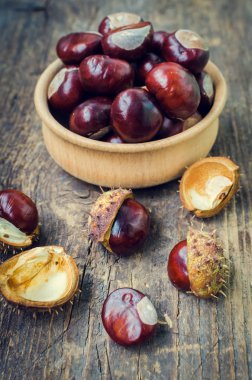 Eski bir ahşap masa üzerinde bir kapta taze kestane. Kestane grubudur. Kestane - meyve At kestanesi - Aesculus hippocastanum. Koyu arka plan. Sonbahar arka plan. Seçici odak.