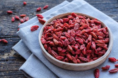 Superfood goji meyveleri ahşap arka plan üzerinde seramik kase. Wolfberry sağlıklı temiz yemek için. Sağlıklı süper gıda takviyesi. Alternatif Tıp. Kurtarma. Gençleşme. Zayıflama.