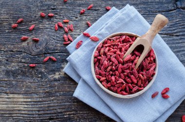 Superfood goji meyveleri ahşap arka plan üzerinde seramik kase. Sağlıklı beslenme için wolfberry. Sağlıklı süper gıda takviyesi. Alternatif Tıp. Kurtarma. Gençleşme. Zayıflama. Üstten görünüm. Kopya alanı.