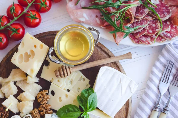 Table Full Mediterranean Appetizers Tapas Antipasto Assorted Italian Food Set — Stock Photo, Image