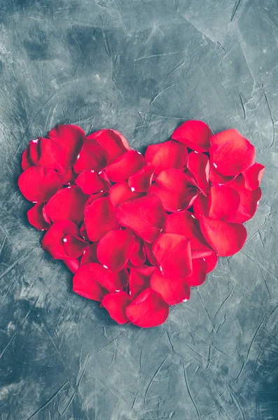 Kalp koyu gri beton zemin üzerine kırmızı yaprakları yapılmış. Romantik Sevgililer tatil kavramı. Sevgililer günü tebrik kartı. Uzay kopyalayın. Üstten görünüm.